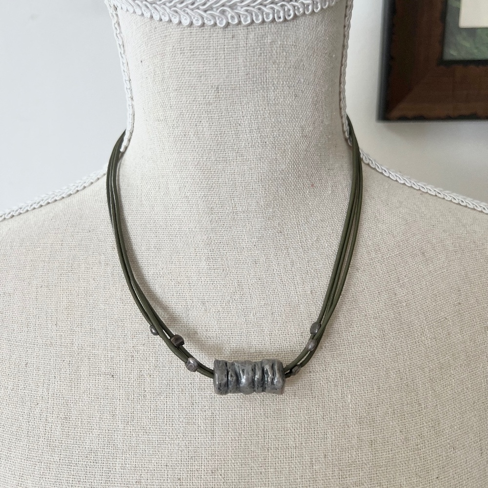 SILPADA Hunter Green Leather Hammered Tube Beaded Necklace
